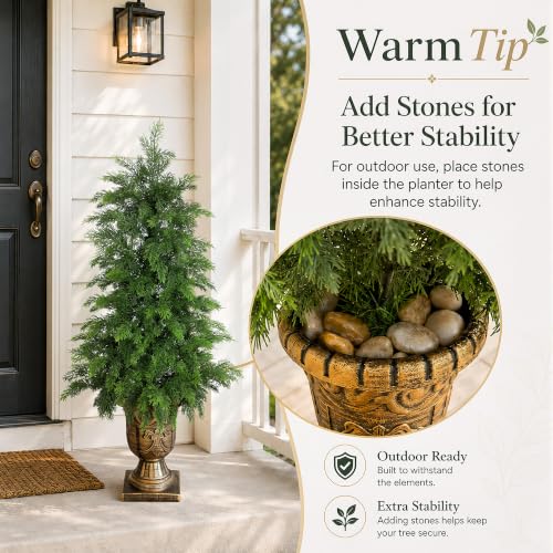 Bellacat 3ft UV Resistant Topiary Trees Artificial Outdoor with Urn Planter & Soft Real Touch Leaves, 36in Lifelike Faux Cedar Tree, Fake Cypress Tree for Front Door Porch Patio Deck Home Decor, 2Pack - color: Golden Urn Planter-2pack, size: 3ft
