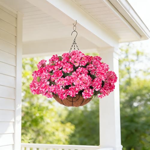 INSPRING Geraniums Artificial Flowers Hanging Basket for Outdoors Outside Spring Decoration, 8 Bundles Silk Flowers Fake Plants Look Real UV Resistant for Porch Home Patio Balcony Yard, Pink - color: Pink