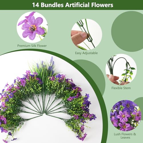 Artificial Flowers for Outdoors UV Resistant, 14 Bundles Fake Flowers Daisy with Lavender Faux Outdoor Plants Silk Flower for Outside Planters Patio Porch Window Garden Yard Spring Summer Decoration - color: Deep Purple Fuchia