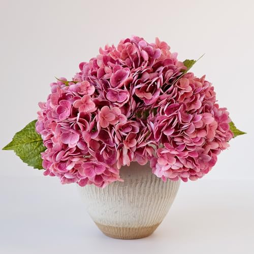 YalzoneMet 3 pcs Real Touch Hydrangea Artificial Flowers, 21" Dark Pink Large Long Stems Wedding Centerpiece Fake Flowers Heads Lifelike Thicks for Home Decor Party DIY Bridal Bouquet Table - color: Rose Red Magenta