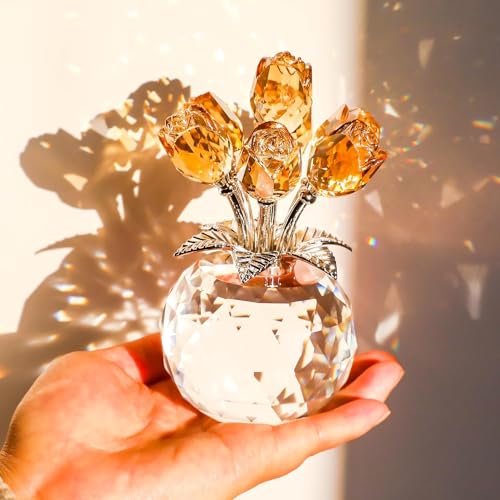 Movdyka Red Rose Flower Crystal Figurine - Bouquet Flowers Ornament Gifts for Wife Girlfriend Women - Handmade Crystal Flower Collectible Home Table Decor for Valentine's Day Wedding Anniversary - color: Champagne -Crystal Rose