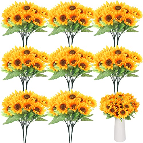 Roshtia 16 Bunches Sunflower Artificial Flowers, 11.8'' High Bride Holding Sunflower Bouquet, Each with 7 Heads, Silk Sunflower Decor Sunflower Centerpieces for Tables Home Party Wedding Decor Craft
