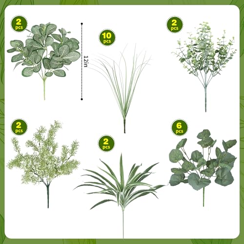 24Pcs Artificial Outdoor Plants UV Resistant Fake Plastic Greenery Boxwood Eucalyptus Spring Onion Grass for Outside Yard Front Porch Patio Window Box Planter Hanging Basket Decor (Grey Green) - color: Grey Green