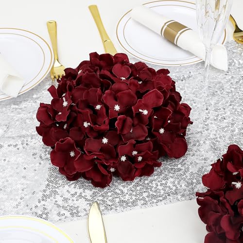 Hydrangea Flower Balls for Centerpieces - 12 PCS Artificial Floral Arrangement with Base, 8.27 Inch Diameter Fake Silk Kissing Ball for Wedding Table Home Party Decor - Burgundy - color: Burgundy-8 Inch-12 Pcs, size: Small Size