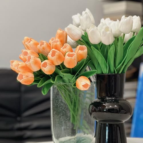 20PCS Artificial Tulip Flowers - 13.5" Real Touch Fake PU Tulips Bouquet Faux Spring Flowers (White) - color: White