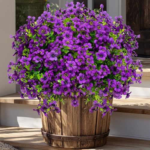 AXYLEX Artificial Flowers for Outdoors, 16 Bundles Fake Plants (Purple) | UV resistant faux plastic flowers, no fade artificial greenery – garden, patio, porch & home - color: Purple