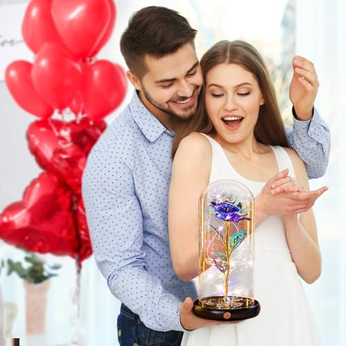 Mothers Day Flowers Gifts for Mom Birthday Gift Rechargeable Galaxy Glass Rose in Glass Dome Forever Crystal Rose Flowers Anniversary Mother's Day Roses Gifts for Daughter Wife Women Grandma Purple - color: Usb-b Purple