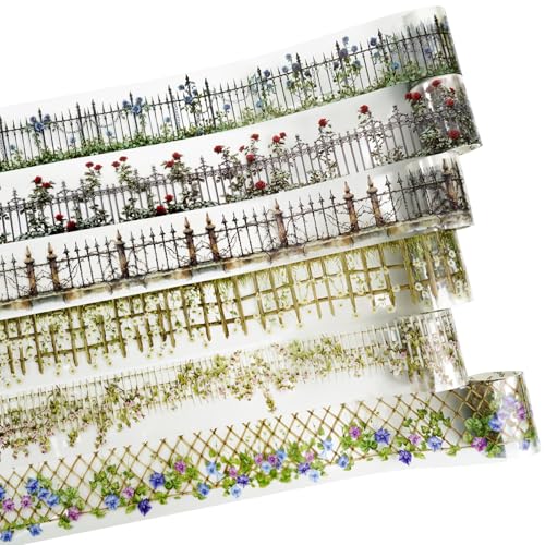 Fencing Border PET Tape Set – 6 Rolls Transparent Water-Resistant Garden Fence Designs, Mini Clip for Scrapbooking Journaling Planner Collage DIY, 1.97in x 78.7in Each - color: Ringwall