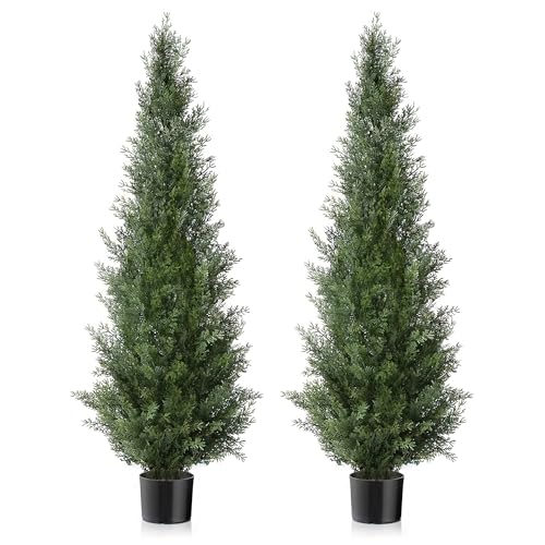 Set of 2 Pre-Potted 5 Feet Faux Cedar Tree, Lifelike UV Protected Front Door Decor, Porch, Garden, Entryway Topiary, Indoor/Outdoor Use - Ready to Display - size: 5ft