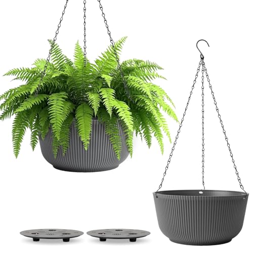 T4U 8 Inch Hanging Planters for Indoor Outdoor Plants, Self Watering Hanging Pot Pack of 2, Hanging Pots with Drainage Hole & Plug & Chain with 3 Hooks for Garden Home Decor, Grey - color: Gray, size: 8 inch