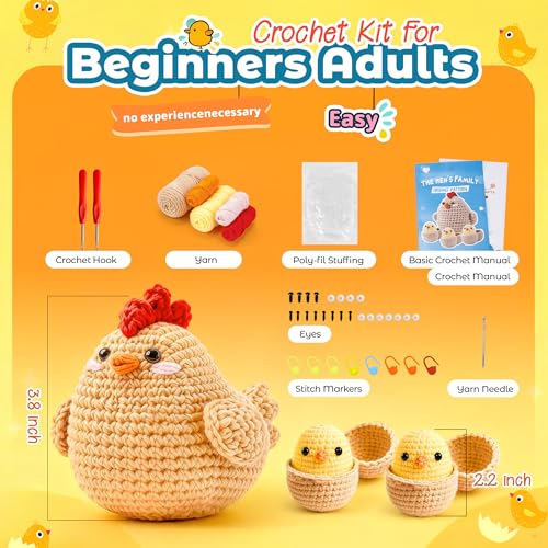 Joyclub Crochet Kit for Beginners 4 Pcs Chicken Family Amigurumi Crochet Starter Kits with Step-by-Step Video Tutorials DIY Craft Gift for Adults Kitting Lovers Mother Teacher Student - color: Crochet Chicken