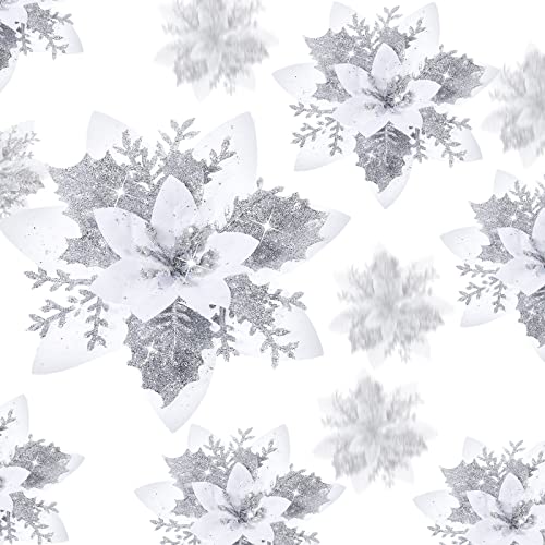 36 Pcs Christmas Glitter Artificial Poinsettia Flowers Xmas Poinsettia Artificial Wedding Flowers Decorations Xmas Tree Ornaments with Clips for Party, 6 Inch, 4 Inch, 3 Inch(Silver and White) - color: Silver and White