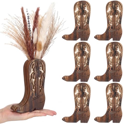 LemonRoad 6 Pcs Wooden Cowboy Boot Vases for Wedding Small Cowboy Boot Flower Vase for Flower Faux Greenery Rustic Western Decor for Table Centerpiece Weddings Party (Rustic Brown) - color: Rustic Brown, size: Classic