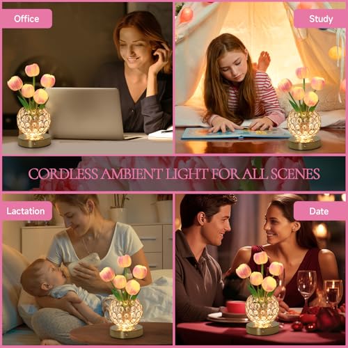 Tulip Flower Lamps, 3 Colors Touch Stepless Dimming Crystal Night Light, Rechargeable Artificial Flower Light, LED Flower with Vase Lamp Romantic Decor for Date Party Home (Tulip1 - Pink) - color: Tulip1 - Pink
