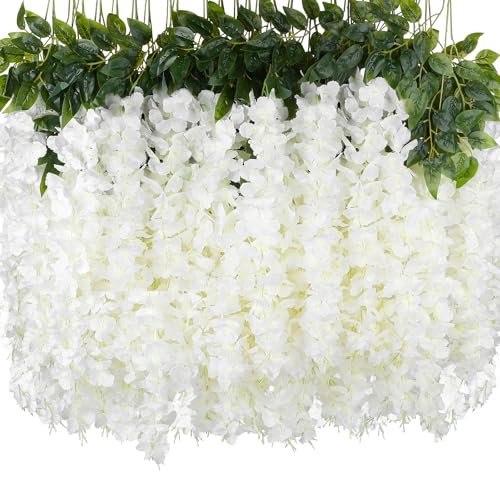 LFF 36 Branches White Wisteria Hanging Flowers, 3.25FT Fake Silk Wisteria Artificial Flowers, Faux Wisteria Garland for Wedding Arch, Party Backdrop, Home & Party Decoration (39 Inches Long) - size: Short/12Pack