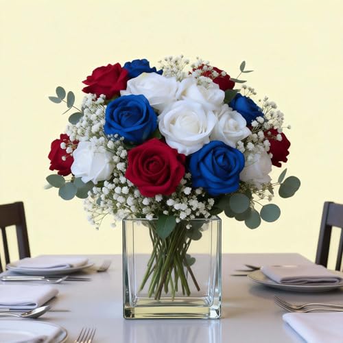 12PCS Artificial Realistic Silk Fake 3-Colored Roses Long Stem | 3 Colors Mixed Roses For Wedding Decoration, Party Table Decoration, Valentines Mother's Day - color: 4 Red/4 White/4 Blue