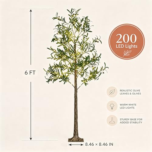Lightshare Lighted Olive Tree with Fruit 6FT 200L Artificial Plant with Warm White Fairy Lights for Indoor Outdoor Home Party Wedding Decoration