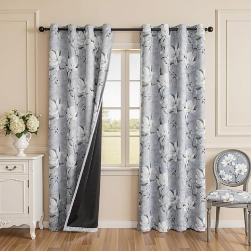 MYSKY HOME Floral 95% Blackout Curtains 84 Inches Long 2 Panels Set for Living Room - Thermal Insulated Black Out Flower Pattern Printed Drapes Grommet Top Bedroom, 52" W Each Panel, Light Grey - color: Light Grey, size: 52"W x 84"L (Pack of 2)
