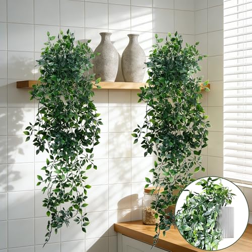 Artificial Hanging Plants for Shelf, 2-Pack Fake Potted Greenery Faux Mandala Vines in Black Pot, Décor for Office Living Room Bathroom Indoor Outdoor - color: 2-pack Mandala Vines