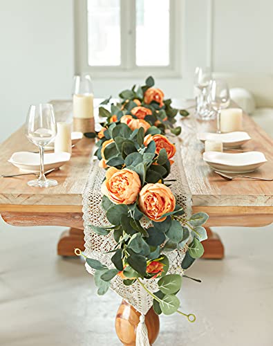 MISSPIN 2pcs Artificial Flowers Garland Spring Eucalyptus Garland Vintage Fake Flower Peony Rose Vine Greenery Decorative Wall Hanging Plant for Wedding Arch Door Arrangement Party Decor - color: Orange,2
