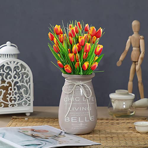 8 Bundles Outdoor Artificial Tulips Fake Flowers UV Resistant Faux Plastic Greenery Shrubs Plants for Home Outside Garden Porch Window Farmhouse Decor (Orange) - color: Orange