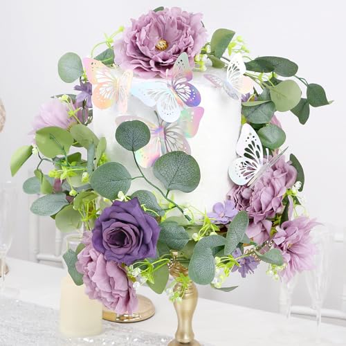 5.9 FT Artificial Eucalyptus Flower Garland with Butterflies - Pack of 1 Fake Rose Garland Faux Greenery Eucalyptus Garlands for Wedding Table Backdrop Arch Centerpieces Decorations - Purple - color: Dusty Purple, size: 1 Pack