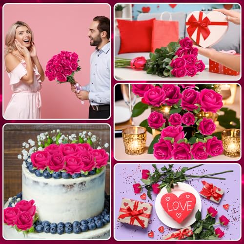 90 Pcs Hot Pink Velvet Rose Artificial Flowers with Long Stems, Fake Silk Roses Real Touch Fake Roses Florals for Birthday Wedding Bouquet Party Arrangement Decorations - color: Hot Pink