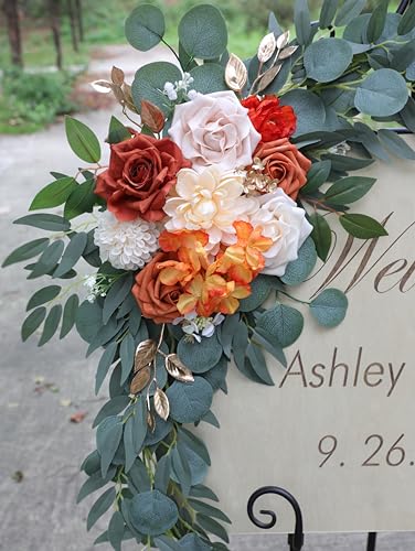 ponatia Wedding Arch Flowers (Pack of 2), Artificial Burnt Orange Wedding Flowers for Wedding Welcome Signs Decorations and Arch Flowers for Wedding Ceremony Reception (Burnt Orange & Ivory) - color: Burnt Orange & Ivory