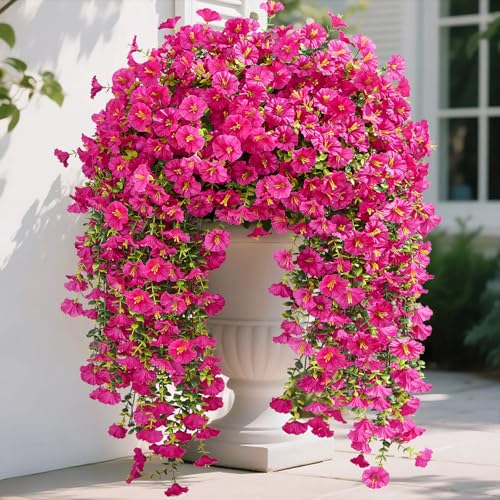 Serwalin Artificial Hanging Flowers for Outdoors Decoration, 4PCS UV Realistic Resistant Silk Artificial Fake Plants Outdoor for Porch Patio Balcony Planter Garden Yard Decor (Hot Pink,4PCS) - color: Hot Pink