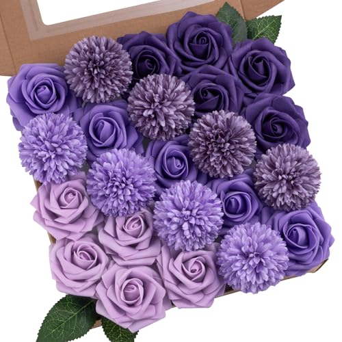 Artificial Flowers Combo Set Purple Faux Dahlia Roses DIY Wedding Decor | Silk artificial flowers arrangement set for home decor crafts reusable party bouquets DIY wedding table and event decorations - color: Purple, size: The Minimalist