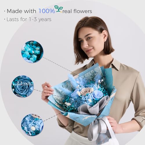 Large Preserved Roses Bouquet - Eternal Flowers for Delivery Prime,1-3 Years Long Lasting Real Roses Gift for Women,Mom Wife - Elegant Home Decor for Mother's Day,Anniversary,Valentine's Day(Bule) - color: Blue