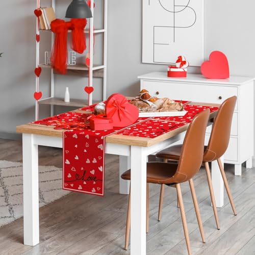 VitalCozy 7 Pcs Valentines Day Table Runner and Placemat Set 72 x 13 Inch Red Love Hearts Runner Anniversary Valentines Table Mat for Holiday Kitchen Dining Wedding Decoration - style: Valentine's Day