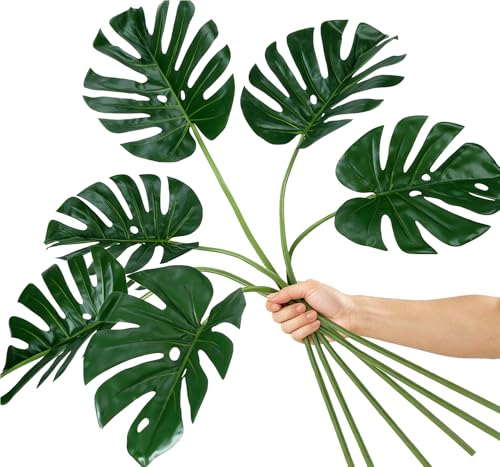 6 PCS Artificial Monstera Leaves Plant Faux Palm Large Leaf Realistic Fake Monstera Leaves with Stem for Home Wedding Tropical Luau Hawaiian Jungle Party Decoration - color: 6pcs Monstera Leaves