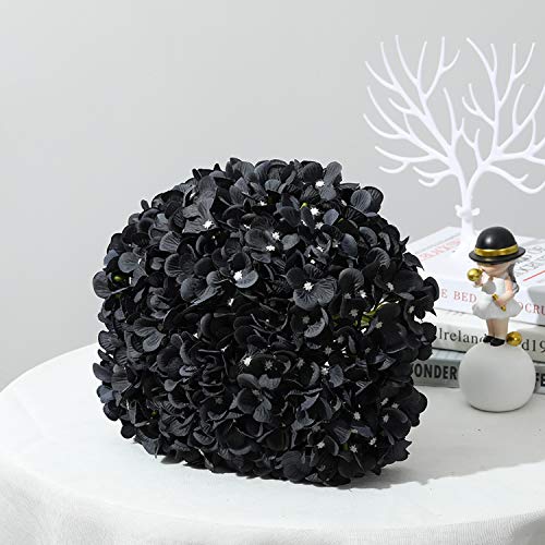 10PCS Silk Hydrangea Heads with Stems Artificial Flowers for Wedding Party Home Decor (Black) - color: Black