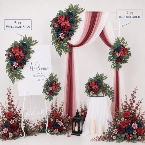 AitnWoy Artificial Wedding Arch Flowers Kit 2 PCS Dust Rose Flowers Silk Peony Floral Swag Welcome Sign for Wedding Ceremony Party Home Garland Decor - color: Holiday Red, size: 28" + 11"