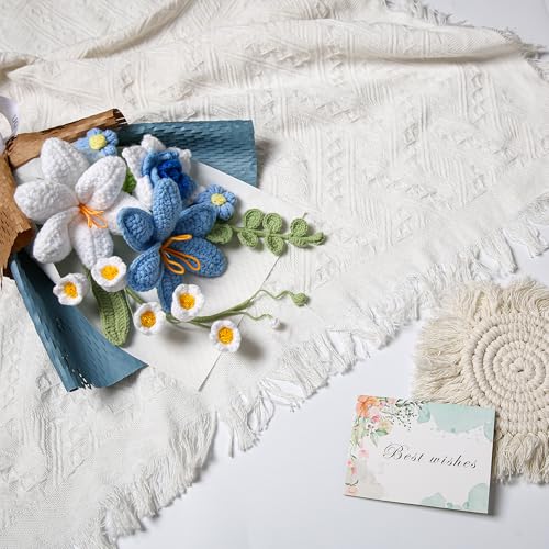 Crochet Flower Bouquet, Handmade Knitted Tulip Faux Crochet Flowers for Home Decor Valentine’s Day Anniversary Weddings Birthdays Mother’s Day, Includes Gift Bag and Greeting Card (Blue) - color: Blue