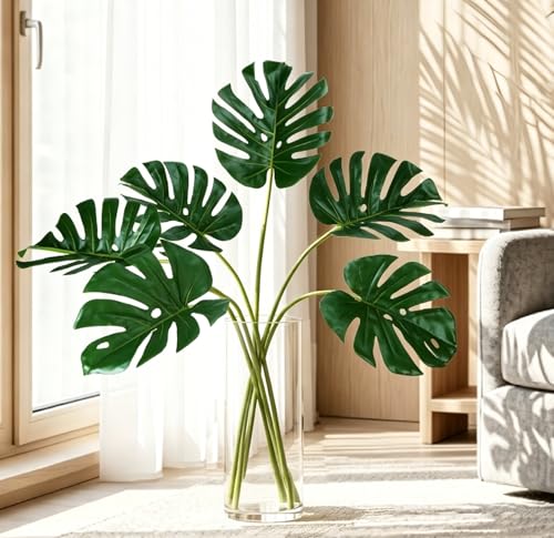 6 PCS Artificial Monstera Leaves Plant Faux Palm Large Leaf Realistic Fake Monstera Leaves with Stem for Home Wedding Tropical Luau Hawaiian Jungle Party Decoration - color: 6pcs Monstera Leaves