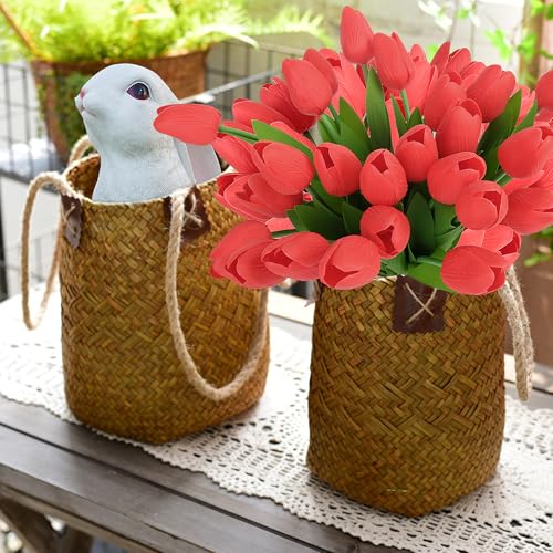 Artificial Tulips Flowers Fake Latex Tulip Stems - 34pcs Real Touch Faux Multicolor Tulips Flower for Easter Spring Wedding Bouquet Centerpiece Floral Arrangement Cemetery Table Decor - color: Red