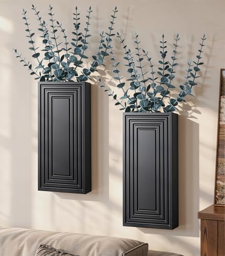 Wooden Wall Planter Vase, 2 Pack Black Wood Hanging Vases with Fake Eucalyptus for Indoor Modern Boho Farmhouse Wall Art Decor for Home Indoor Kitchen Modern Farmhouse Bathroom - color: Black With Eucalyptus