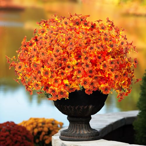 Grunyia 16 Bundles Artificial Fall Flowers for Outdoors Fake Plants UV Resistant Plastic Plants Shrubs Bushes for Home Fall Front Door Porch Garden Autumn Decor (Fall Orange) - color: Fall Orange