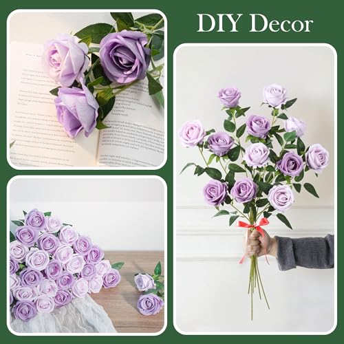 50 PCS Purple Roses Artificial Flowers, Real Looking Fake Roses with Long Stems Silk Flowers for DIY Wedding Bouquet Party Celebration Home Bridal Baby Shower Decoration Birthday Gift for Her Wife - color: Dusty Violet & Pale Lavender