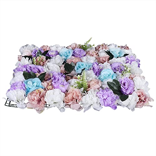 12 Pcs Artificial Flower Wall Panels 60x40cm 3D Flower Background for Wall, Wedding Flower Decorations Wall Silk Rose Panels for Candy Wall, Photo Areas, Stage Background Wall(Dahlia + Rose + Leaf) - color: Light Blue + Purple