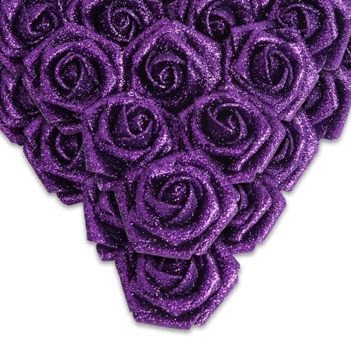 IPOPU Artificial Glitter Roses,50PCS Purple Glitter Flowers Sparkle Fake Roses for Cake Wedding Bouquet Home Party Decoration(Purple) - color: 50pcs Purple