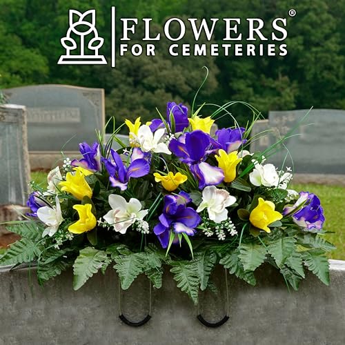 Sympathy Silks Artificial Cemetery Flowers - Grave Decoration - Yellow Tulip and Purple Iris (1) Headstone Saddle - color: Yellow/Purple, size: (1) Saddle