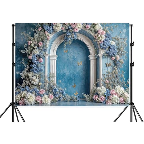 6X4ft Retro Blue Flower Backdrop Blue Hydrangea Floral Butterfly Arch Photography Backdrops European Style Bridal Shower Party Banner for Interior Portrait Photoshoot Photo Booth Wallpaper Decor - color: Multi12, size: 6X4ft