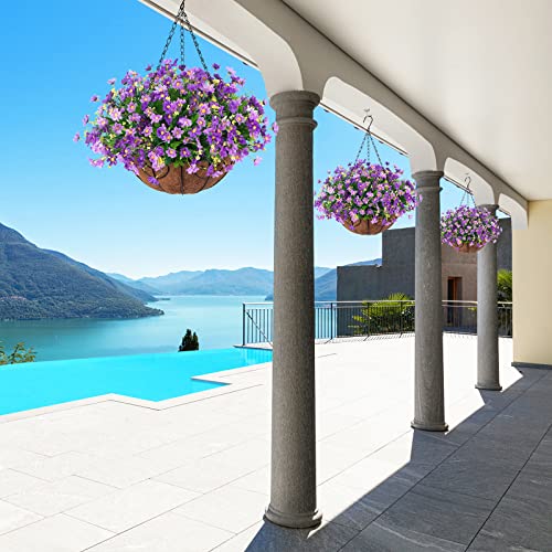 Ammyoo Artificial Hanging Flowers in Basket for Patio Garden Porch Deck Spring Summer Decoration, Artificial Daisy Arrangement,Fake Plants in 12 inch Coconut Lining Basket for Outdoor/Indoor(Purple) - color: Purple