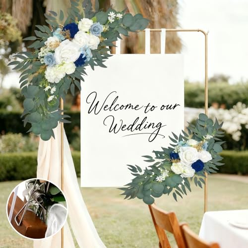 Wedding Arch Flowers 2 Pack, Artificial White Roses and Greenery Swag for Welcome Sign Decorations, Ceremony Backdrop - color: Blue