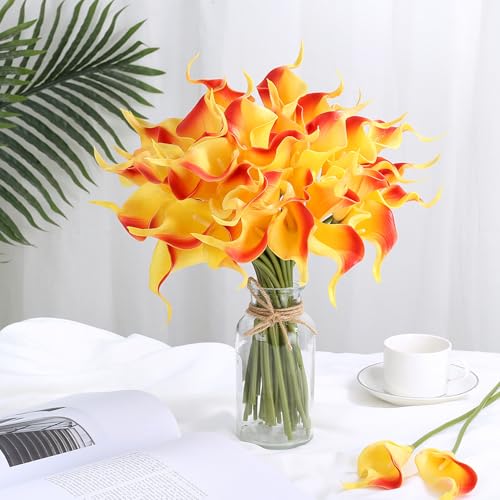 24 Pcs Orange Artificial Calla Lily Flowers Fake Orange Silk Flowers Real Touch for Wedding Bouquet Office Home Kitchen Decor - color: Red-yellow