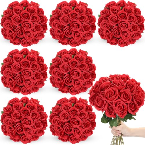 Lyrow 200 Pcs Artificial Roses Realistic Flowers Bulk Real Looking Fake Silk Rose Bouquets with Long Stem Flowers for Wedding Table Centerpieces Bridal Shower Party Home Garden Decor (Red) - color: Red