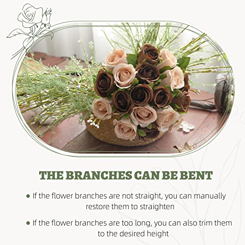 ZMZQ&flw 36PCS Roses Artificial Flowers with Stems Brown Bouquet Cream Beige Silk Fake Flora Home Decoration Bridal Wedding - color: Brown and Beige